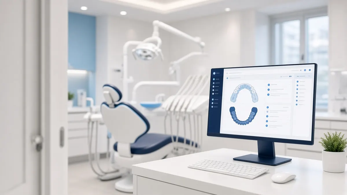 Bildschirm mit Praxissoftware vor einem Behandlungszimmer – symbolisch für die Evident Abrechnung durch ASDent