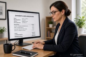 Mitarbeiterin erledigt zahnärztliche Abrechnung extern am Computer
