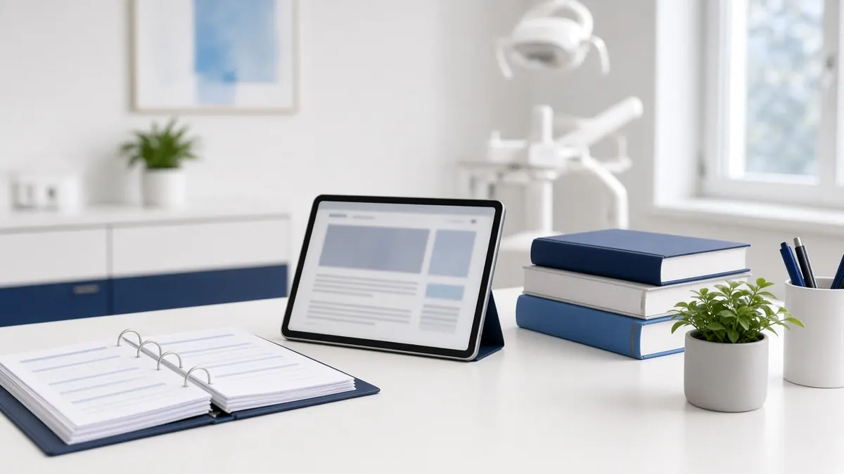 Schreibtisch in einer Zahnarztpraxis mit Ordner, Fachbüchern und Tablet – Ratgeber zur zahnärztlichen Abrechnung